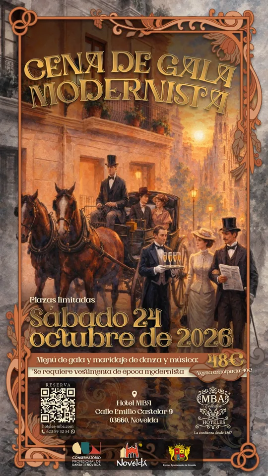 Cartel oficial de la Cena de Gala Modernista: sábado 24 de octubre de 2026 en el Hotel MBA de Novelda. Menú de gala y maridaje de danza y música, 48 euros; venta anticipada 40 euros. Se requiere vestimenta de época modernista.