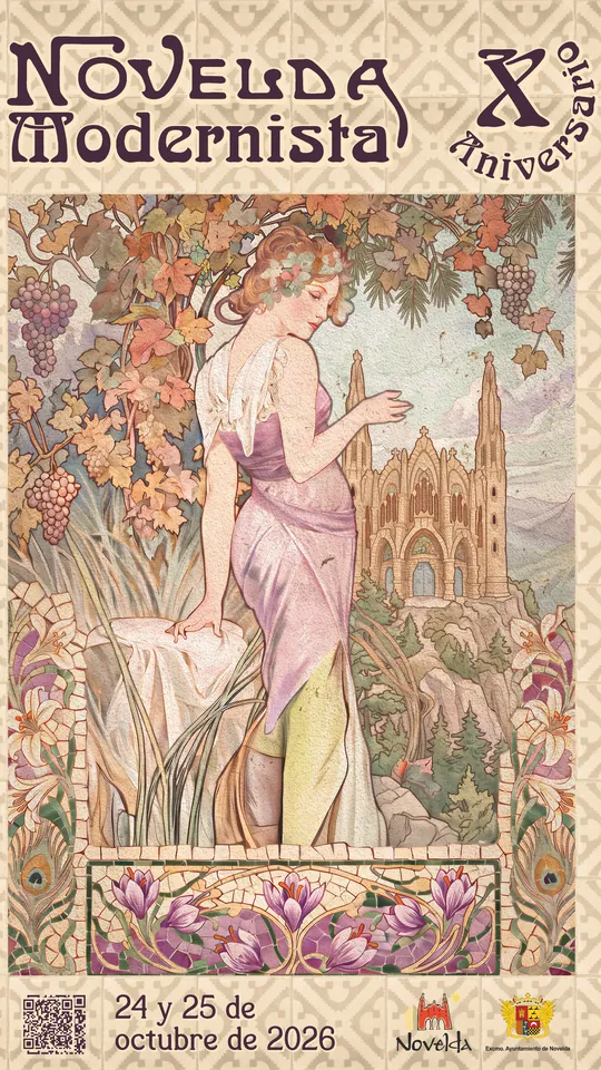 Cartel de Novelda Modernista, X Aniversario, 24 y 25 de octubre de 2026: ilustración de estilo modernista con una mujer junto a viñas y el santuario de Santa María Magdalena al fondo.